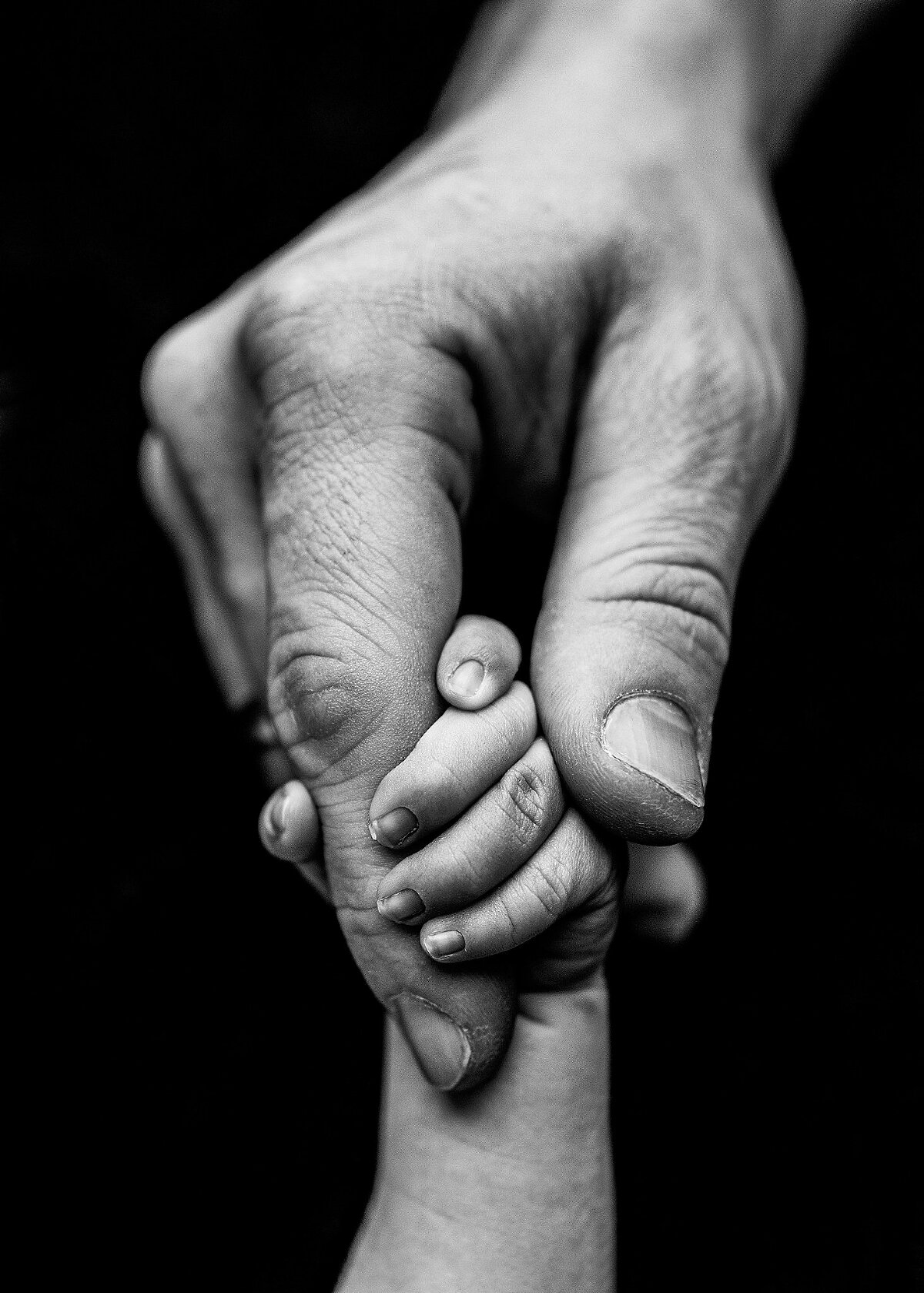 a black and white macro photo of a tiny newborn fingers curled around his fathers index finger and thumb