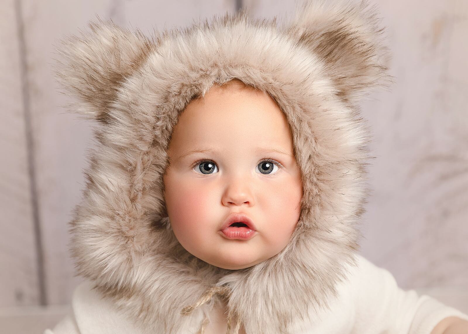 Baby boy sitter bear outfit photo shoot in studio Hereford, Herefordshire